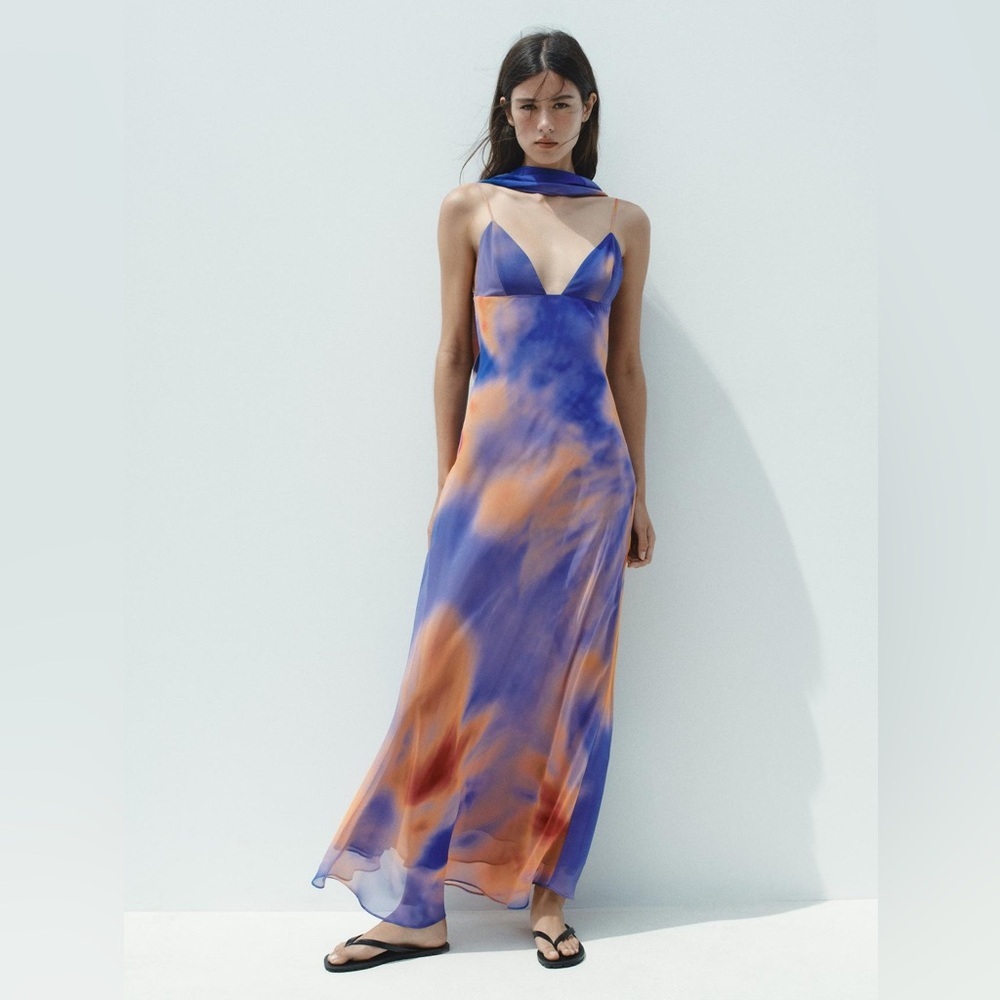 ZARA FOULARD PRINT TULLE LONG HALTER DRESS - Picture 9 of 10